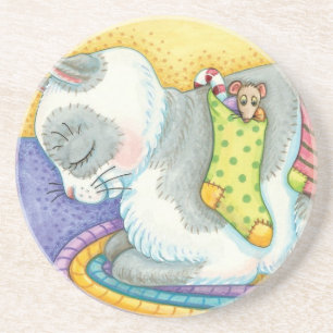 Cute Christmas Cat Sleeping with Mice in Stockings Coaster