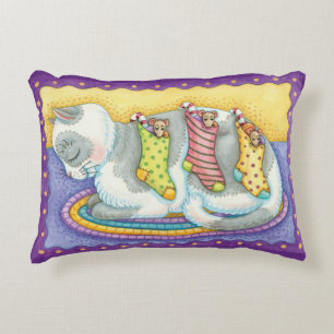 Cute Christmas Cat Sleeping with Mice in Stockings Decorative Cushion