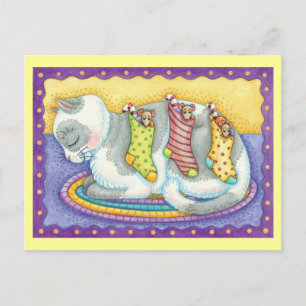 Cute Christmas Cat Sleeping with Mice in Stockings Holiday Postcard