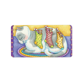 Cute Christmas Cat Sleeping with Mice in Stockings Label