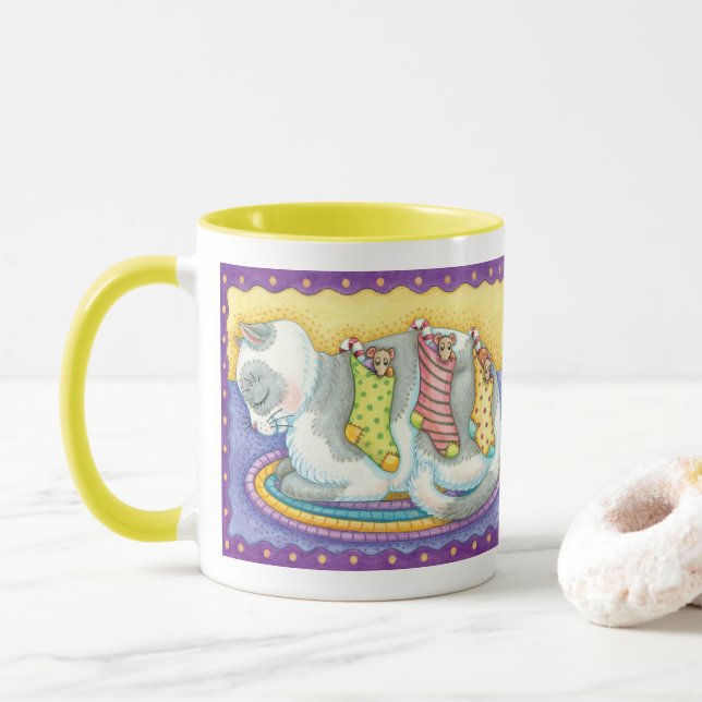 Cute Christmas Cat Sleeping with Mice in Stockings Mug (With Donut)