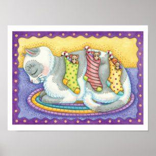 Cute Christmas Cat Sleeping with Mice in Stockings Poster