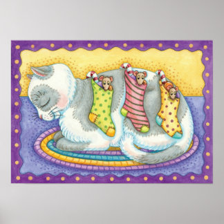 Cute Christmas Cat Sleeping with Mice in Stockings Poster