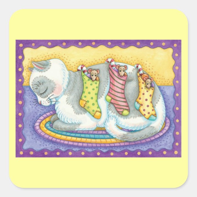 Cute Christmas Cat Sleeping with Mice in Stockings Square Sticker (Front)