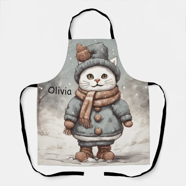 Cute Christmas Cat Snowman Watercolor Whimsical  Apron (Front)