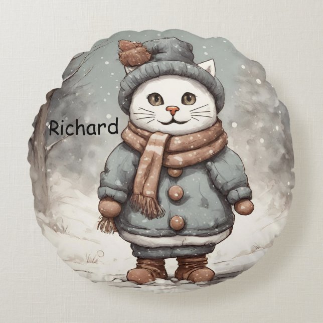 Cute Christmas Cat Snowman Watercolor Whimsical  Round Cushion (Front)