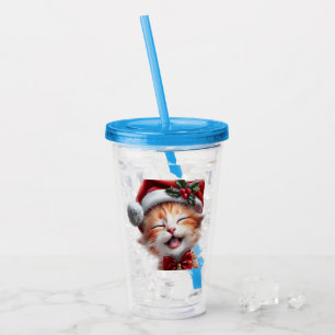 Cute Christmas Cat with Santa Hat and Bow Tie Acrylic Tumbler