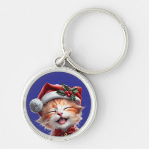 Cute Christmas Cat with Santa Hat and Bow Tie Key Ring