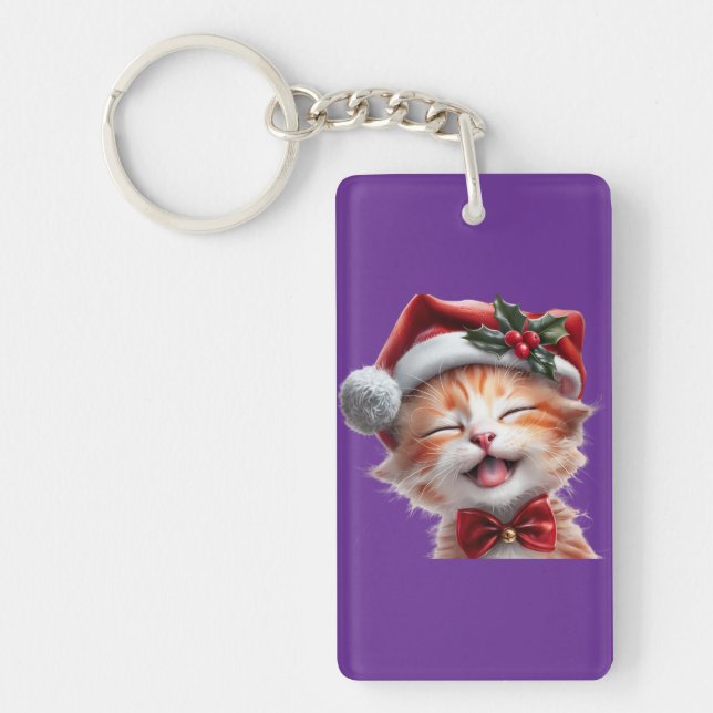 Cute Christmas Cat with Santa Hat and Bow Tie Key Ring (Front)