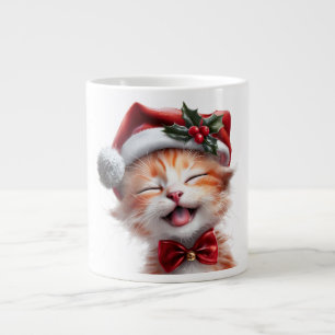Cute Christmas Cat with Santa Hat and Bow Tie Large Coffee Mug