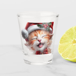 Cute Christmas Cat with Santa Hat and Bow Tie Shot Glass