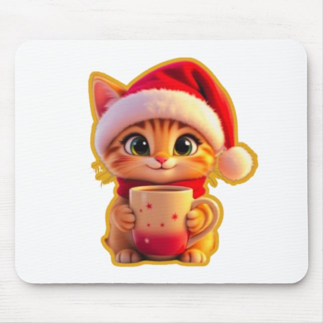 **Cute Christmas Cat with Santa Hat – Funny Holida Mouse Pad (Front)