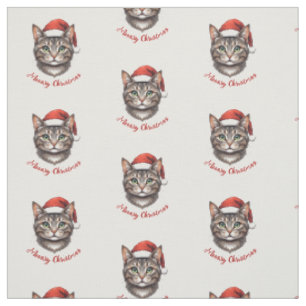 Cute Christmas Cat with Santa Hat Meowy Christmas Fabric
