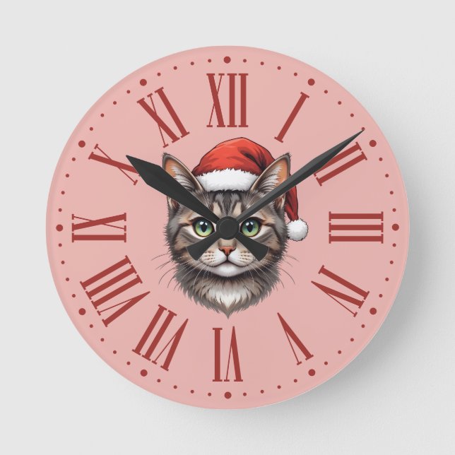 Cute Christmas Cat with Santa Hat Roman Numerals Round Clock (Front)