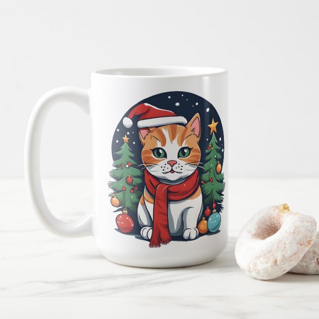 Cute Christmas Cat with Trees Festive  Coffee Mug (With Donut)