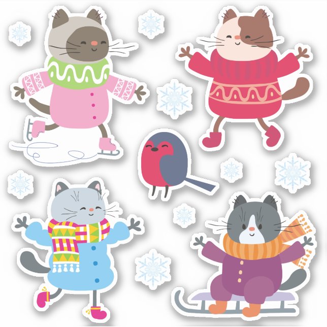 Cute Christmas Cats Bird Skate Sled Snowflakes (Front)