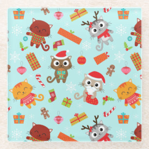 Cute Christmas Cats Glass Coaster