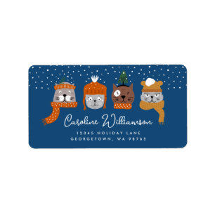Cute Christmas Cats in Cosy Knits Blue Address Label