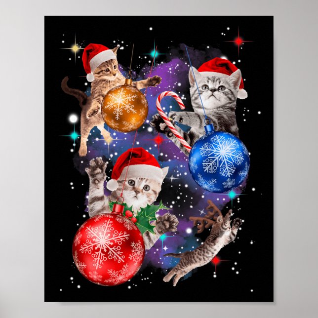 Cute Christmas Cats In Space Ornaments Graphic  Poster (Front)