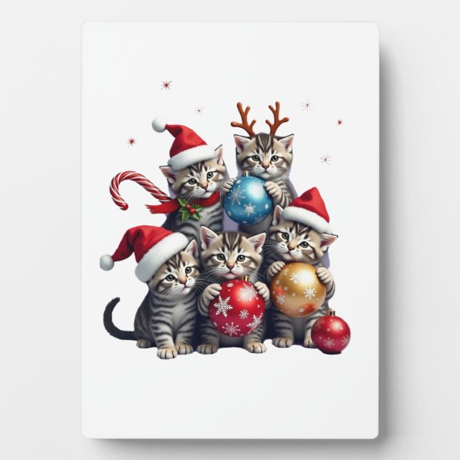 Cute Christmas Cats In Space Ornaments T-Shirt Plaque (Front)