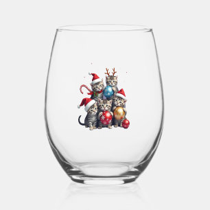 Cute Christmas Cats In Space Ornaments T-Shirt Stemless Wine Glass