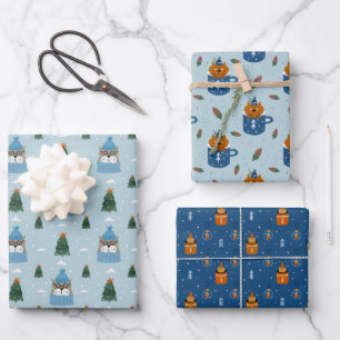 Cute Christmas Cats in Winter Knits Blue Wrapping Paper Sheet