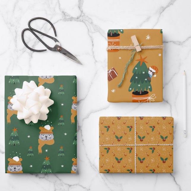 Cute Christmas Cats in Winter Knits Green & Tan Wrapping Paper Sheet (Front)