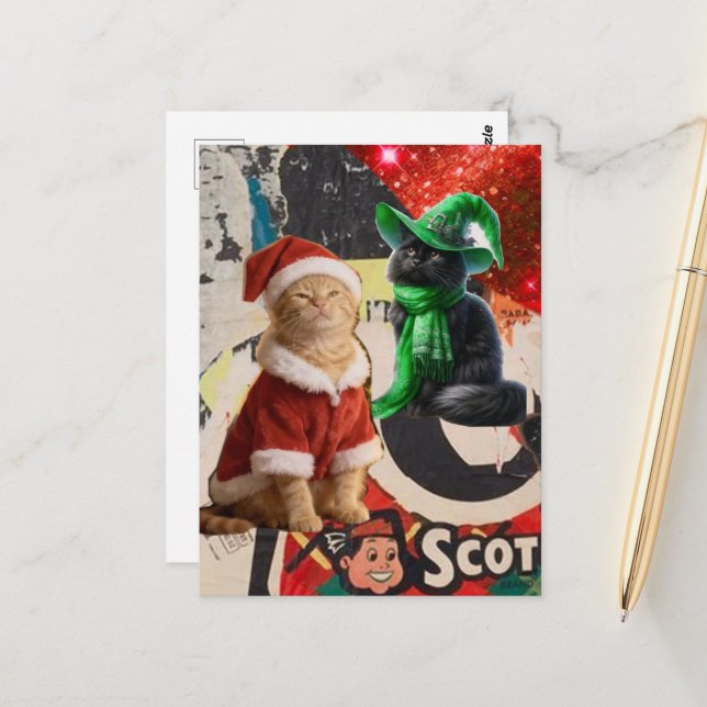 Cute Christmas Cats Mixed Media Collage Postcard (Front/Back In Situ)