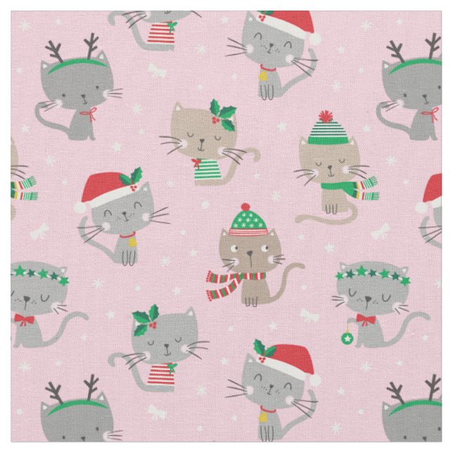 Cute Christmas Cats on light pink Fabric (Close Up)