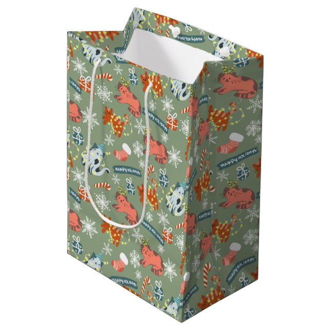 Cute Christmas Cats Pattern Medium Gift Bag (Front Angled)