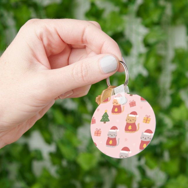 Cute Christmas Cats Pattern – Pink Holiday Design Key Ring (Hand)