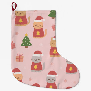 Cute Christmas Cats Pattern – Pink Holiday Design Large Christmas Stocking
