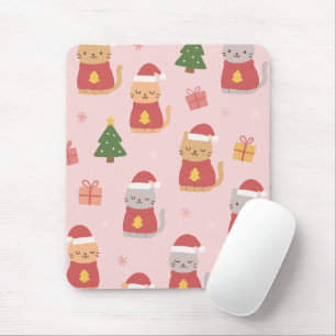 Cute Christmas Cats Pattern – Pink Holiday Design Mouse Pad