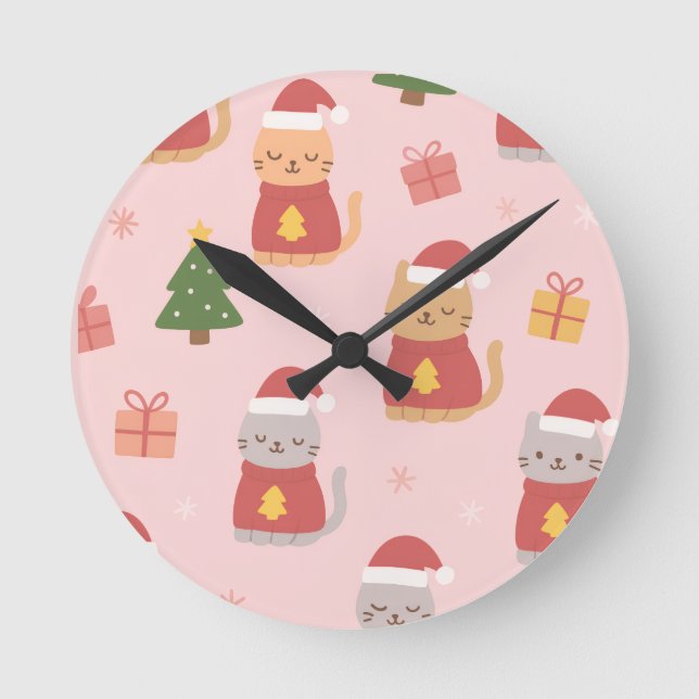 Cute Christmas Cats Pattern – Pink Holiday Design Round Clock (Front)
