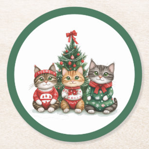 Cute Christmas Cats Round Paper Coaster