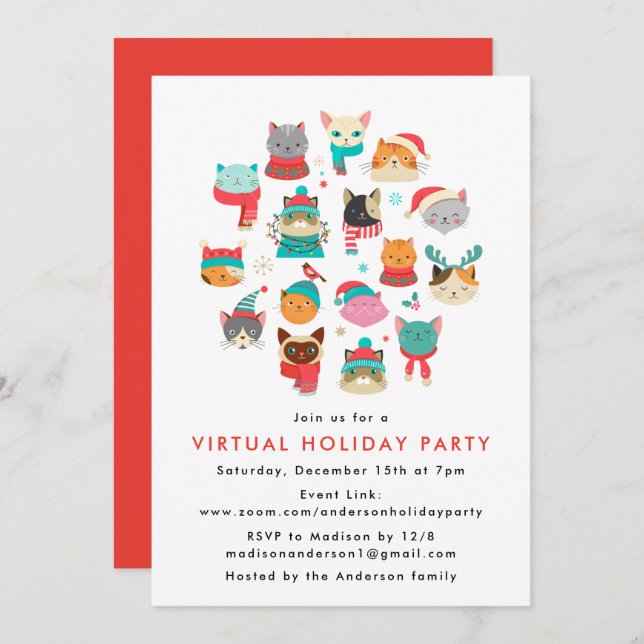 Cute Christmas Cats Virtual Holiday Party Invitation (Front/Back)