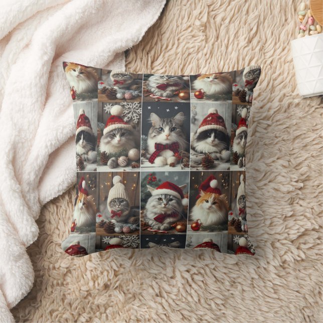 Cute Christmas CATS Winter Animals Rustic Cushion (Blanket)
