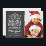 Cute Christmas Chalkboard Photo Template Card<br><div class="desc">Cute and cheer Christmas Holiday chalkboard photo template with retro handwritten style chalk lettering, fancy rustic scrolls and candycane stripe. Add your favourite holiday family photos and customise the text. Modern way to send happy winter holiday greetings to all your friends and loved ones. Matching postage, holiday party invitations, and...</div>