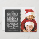 Cute Christmas Chalkboard Photo Template Card<br><div class="desc">Cute and cheer Christmas Holiday chalkboard photo template with retro handwritten style chalk lettering, fancy rustic scrolls and candycane stripe. Add your favourite holiday family photos and customise the text. Modern way to send happy winter holiday greetings to all your friends and loved ones. Matching postage, holiday party invitations, and...</div>