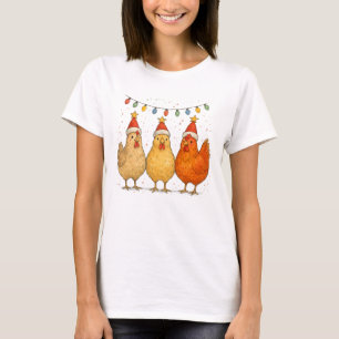 Cute Christmas Chickens with Santa Hats and Lights T-Shirt