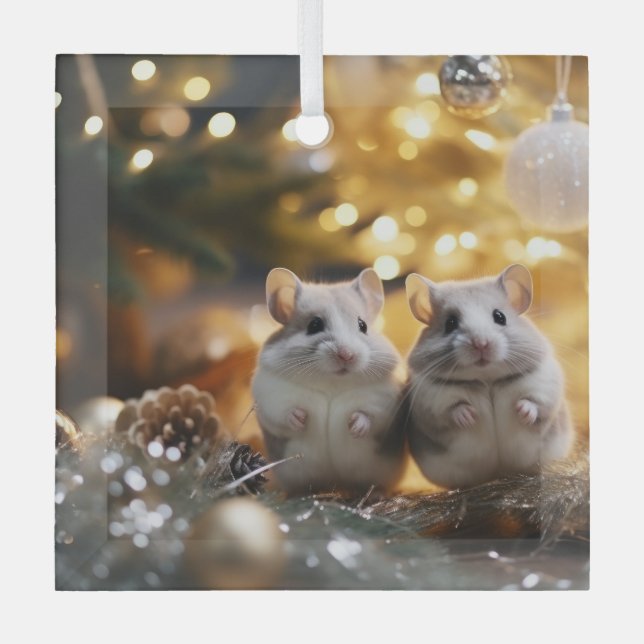 Cute Christmas Chinchillas Glass Tree Decoration (Front)