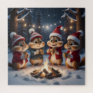 Cute Christmas Chipmunks Around a Campfire Jigsaw Puzzle