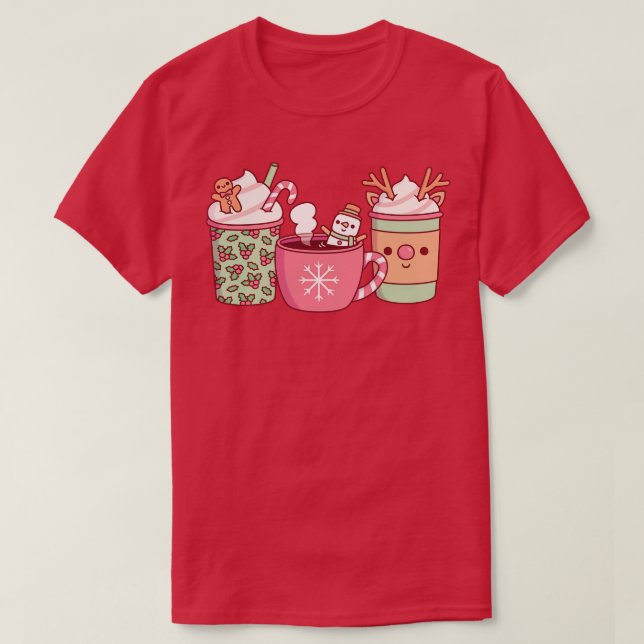 Cute Christmas Coffee Drinks Gingerbread Man Snowm T-Shirt (Design Front)