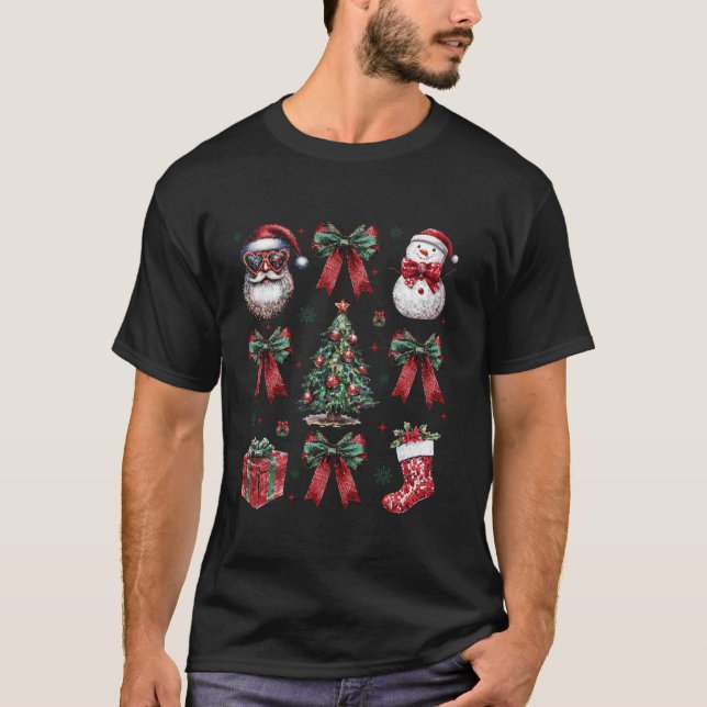 Cute Christmas Coquette Bow Santa Snowman Christma T-Shirt (Front)