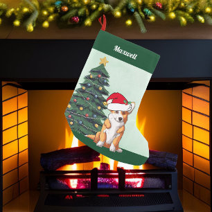 Cute Christmas Corgi Dog in Santa Hat Custom Green Small Christmas Stocking