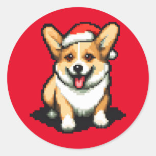 Cute Christmas Corgi in Santa hat Pixel art Classic Round Sticker