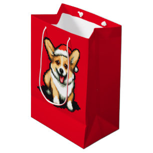 Cute Christmas Corgi in Santa hat Pixel art Medium Gift Bag