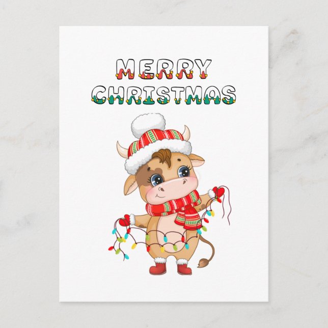 Cute Christmas Cow wearing winter costume  Holiday Postcard (Front)