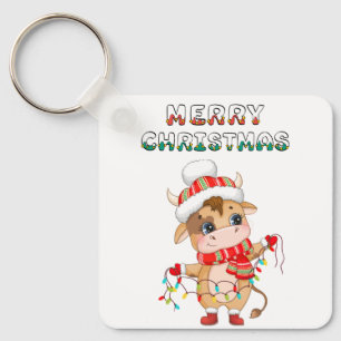 Cute Christmas Cow wearing winter costume  Key Ring