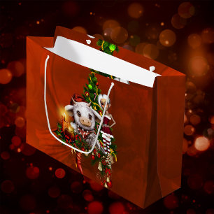 Cute christmas cow with little elf  large gift bag